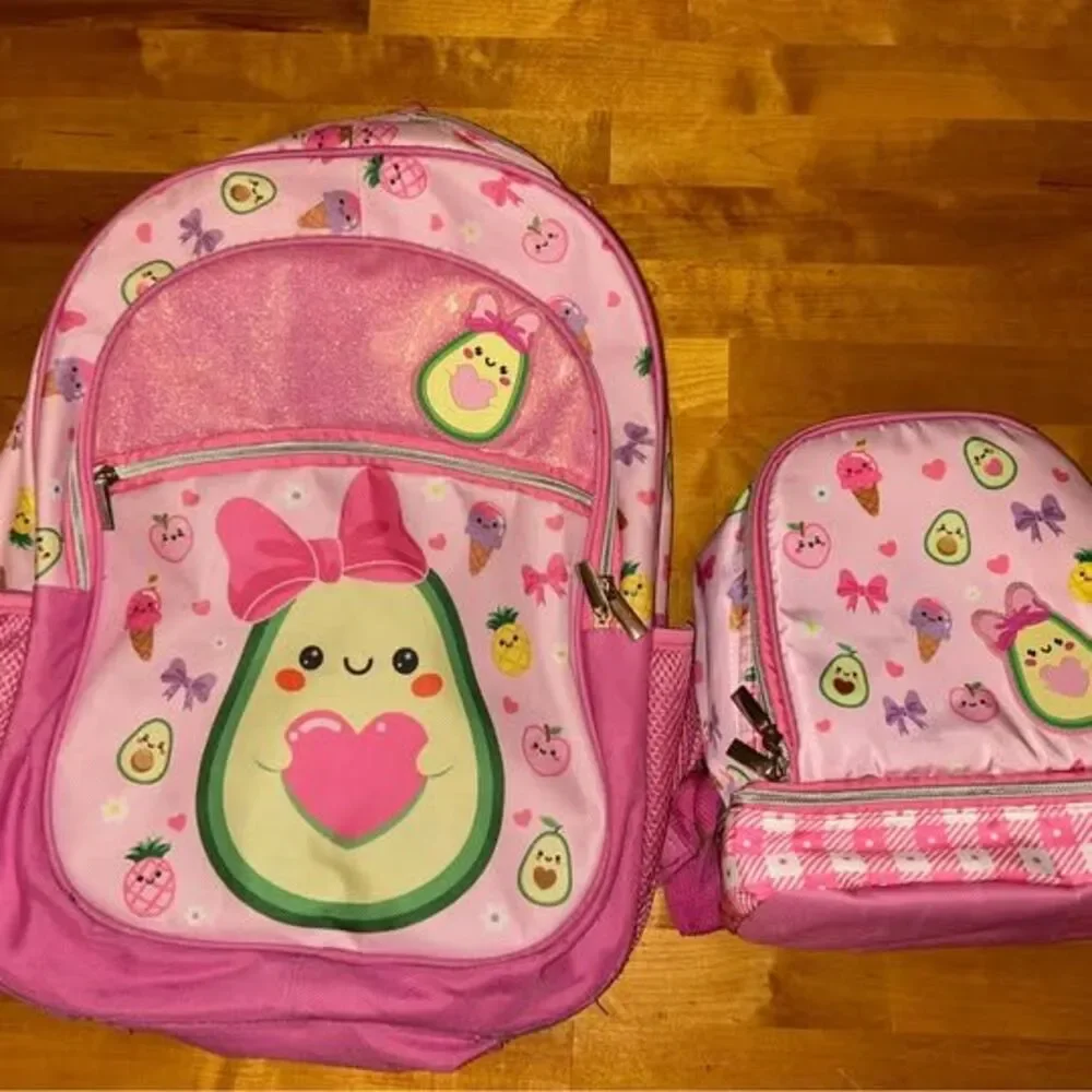 Girls Pink Avocado Backpack and Lunchbox Set Fair Condition